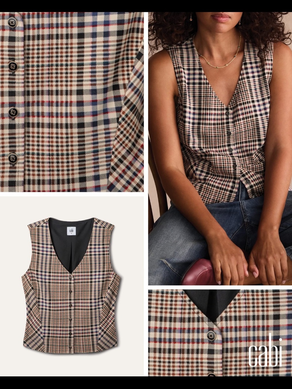 CAbi Pippa Plaid Button Vest in Tan and Black